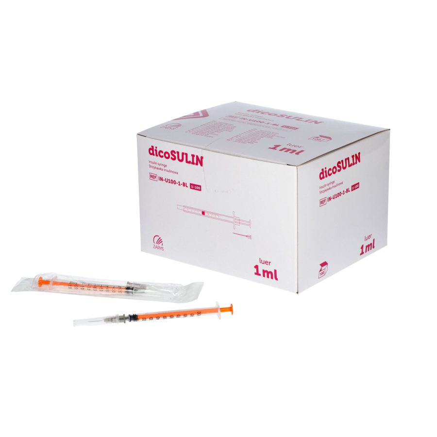 Insulīna šļirce ar adatu, sterils, 1 ml, 0,40x13mm, oranžs virzulis, bez ftalātiem, A100