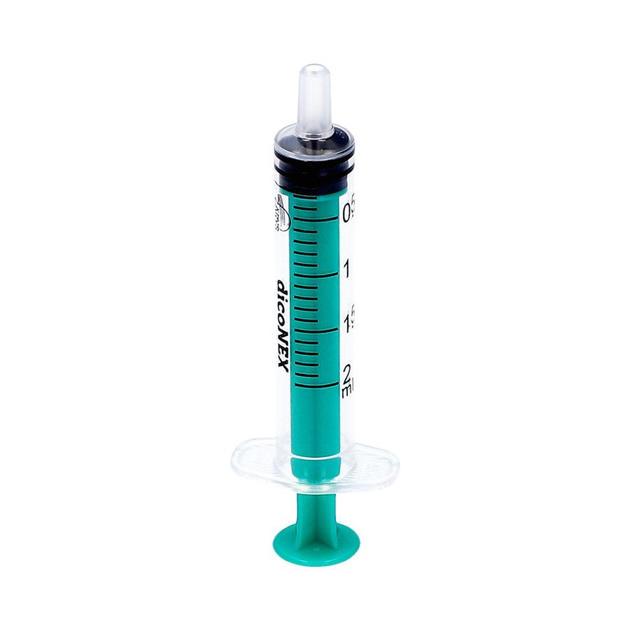 Vienreizlietojama šļirce, 3-daļu, sterils, 2 ml, luer, zaļš virzulis, bez ftalātiem, A100